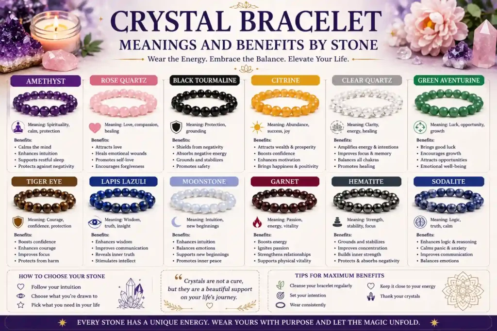 Crystal Bracelet Meanings and Benefits by Stone