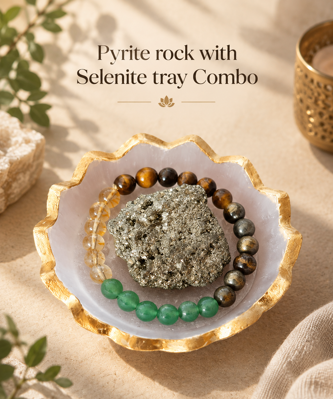 Wealth Attraction Combo | Money Magnet Crystal Bracelet, Pyrite Rock & Selenite Tray