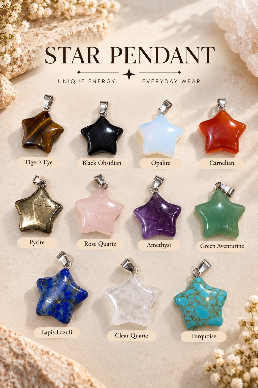AuraLuxe Natural Stone Star Pendant