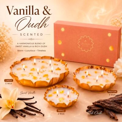 -P00YTB_-CalAwhA0qd5 Premium 3 pc Urli Candle Set Gold-rimmed lotus urli candles